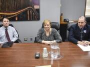 Evergreen Public Schools Chief Operating Officer Mike Merlino, left, school board director Victoria Bradford and Superintendent John Steach meet with The Columbian Editorial Board on Monday to discuss the district’s $695 million bond request.