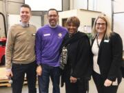 Minnehaha: About 100 Kaiser Permanente employees volunteers at the Clark County Food Bank for Kaiser Northwest’s Martin Luther King Jr. Day service event. From left: Matt Edmonds, communications manager for Clark County Food Bank, Frank Hurtarte, vice president of Human Resources for Kaiser Permanente Northwest, Ruth Brinkley, president of Kaiser Foundation Health Plan and Hospitals of the Northwest, and Tracy Dannen-Grace, director of community partnerships and philanthropy with Kaiser Permanente Northwest.