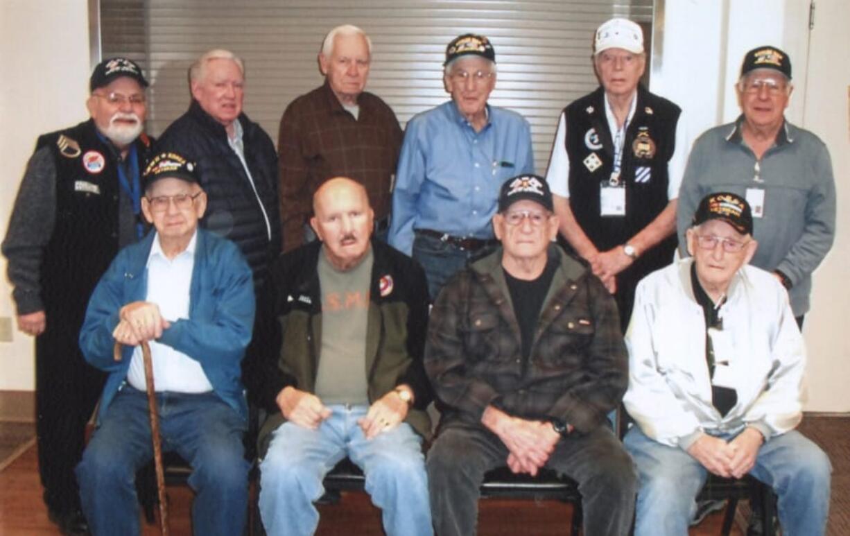 Northeast Hazel Dell: Ten local Korean War veterans were given a trip to Washington D.C. courtesy of Puget Sound Honor Flight. Sitting, from left: Merle Osborne, Ken Smith, Don Cabe and Ray Anderson. Standing, from left: Ed Barnes, Earl Edwards, John Landahl, Al Bauer, Carl Hissman and Cliff Richards.