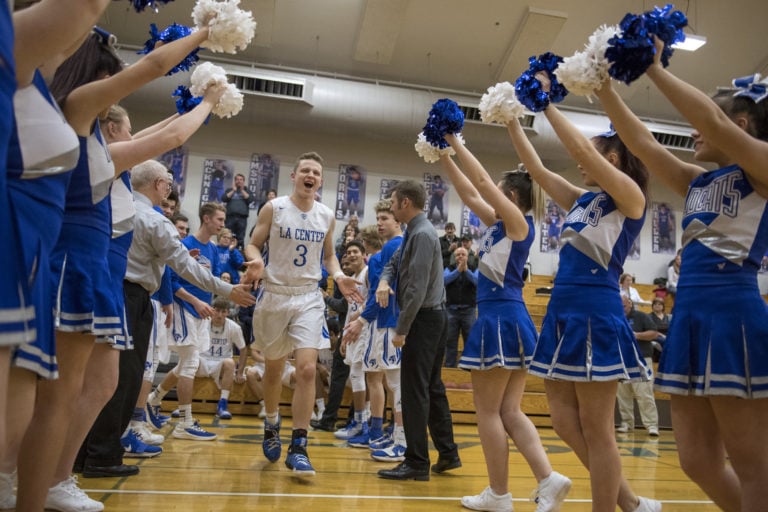 La Center's Saige Keep (3) runs onto the court during introductions before Tuesday night's game at La Center High School on Jan. 30, 2018. La Center defeated  Columbia-White Salmon 88-78.