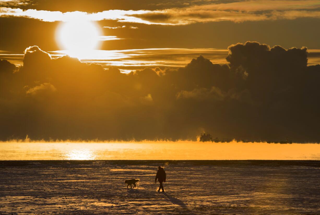 FILE - In this Wednesday, Dec. 27, 2017 file photo, a man walks his dog across the snow-covered beach while a cargo ship sits in the steaming fog of Lake Ontario in Toronto. According to a report released on Thursday, Jan. 18, 2018, U.S. and British scientists calculate that 2017 wasn’t the hottest year on record, but close and unusually warm for no El Nino cooking the books.