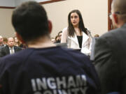 Former Olympian Jordyn Wieber gives her victim impact statement in Circuit Judge Rosemarie Aquilina's courtroom during the fourth day of sentencing for former sports doctor Larry Nassar, who pled guilty to multiple counts of sexual assault, Friday, Jan. 19, 2018, in Lansing, Mich.