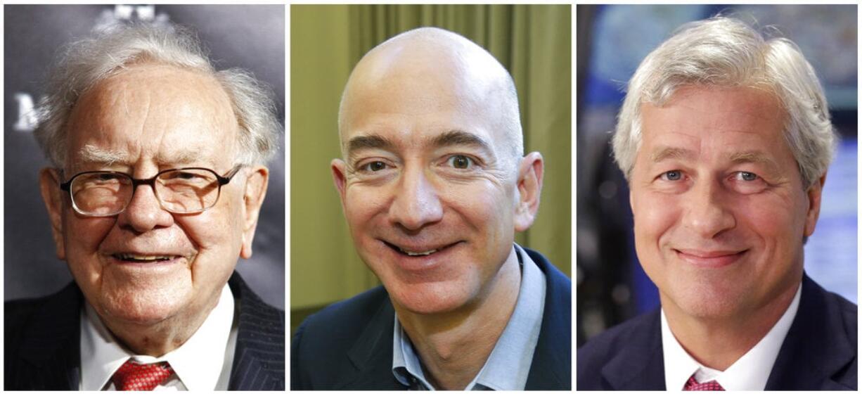 This combination of photos from left shows Warren Buffett on Sept. 19, 2017, in New York, Jeff Bezos, CEO of Amazon.com, on Sept. 24, 2013, in Seattle and JP Morgan Chase Chairman and CEO Jamie Dimon on July 12, 2013, in New York. Buffett’s Berkshire Hathaway, Amazon and the New York bank JPMorgan Chase are teaming up to create a health care company announced Tuesday, Jan.