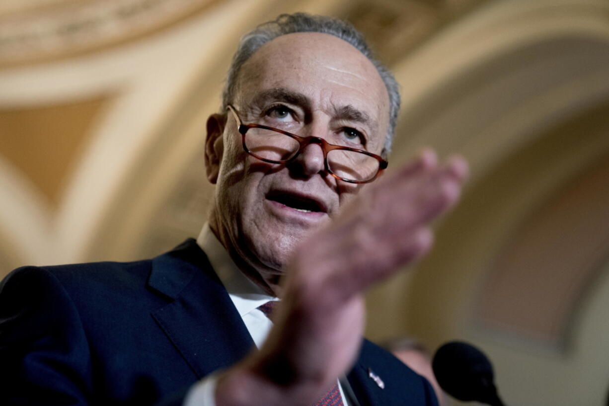 Senate Minority Leader Sen. Chuck Schumer of N.Y., speaks to reporters following a Senate policy luncheon on Capitol Hill in Washington, Tuesday, Jan. 23, 2018.