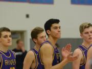 The Columbia River Chieftains huddle up on the court during their 45-42 loss to Mark Morris on Thursday, Jan. 25, 2018 at Mark Morris High School.