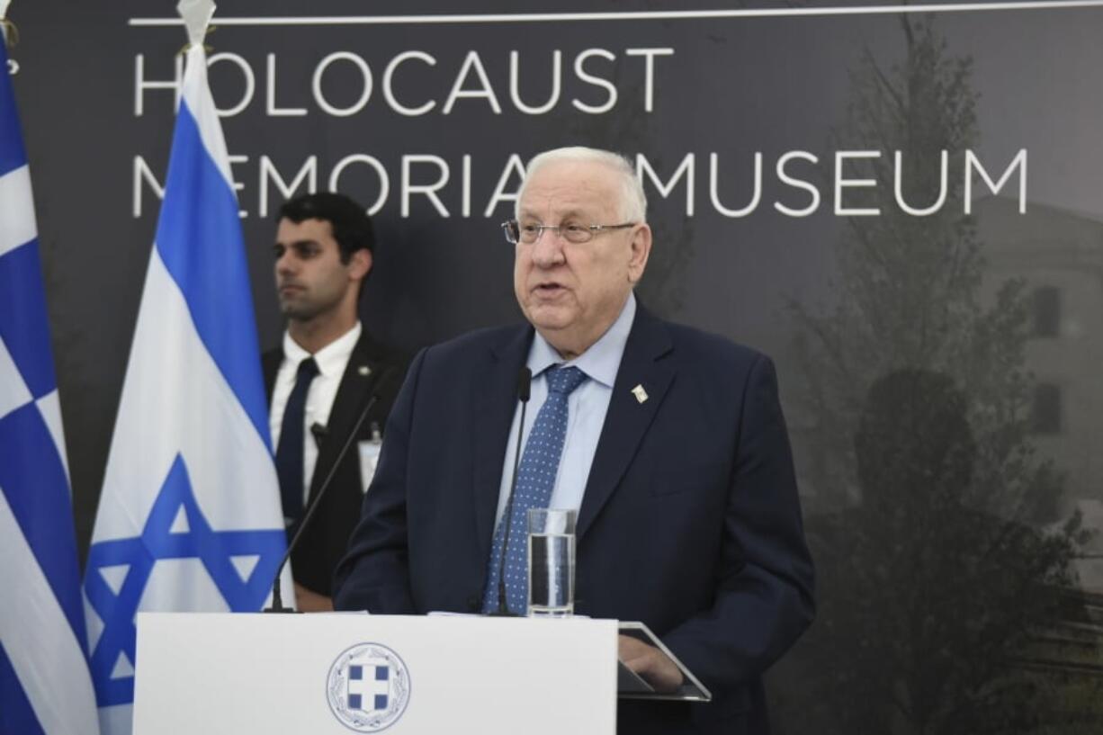 Israel’s President Reuven Rivlin speaks during a a foundation stone-laying ceremony for a planned Holocaust museum, in the northern port city of Thessaloniki , Greece, on Tuesday. Thessaloniki’s new museum will be built next to the railway station where the city’s Jews boarded the trains taking them to the camps. Thessaloniki’s 55,000-strong Jewish population was deported by Nazi forces during World War II and most of its members were murdered in German concentration camps.