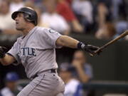 FILE - In this May 27, 2003, file photo, Seattle Mariners’ Edgar Martinez hits a three-run home run against the Kansas City Royals in the third inning of a baseball game in Kansas City, Mo. Chipper Jones, Jim Thome and Vladimir Guerrero appear likely to be elected to the Baseball Hall of Fame on Wednesday, Jan. 24, 2018, and Martinez and Trevor Hoffman figure to be close to the necessary 75 percent.