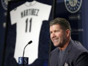 Seattle Mariners former designated hitter Edgar Martinez at a news conference announcing the retirement by the team of his jersey number 11, in Seattle. Martinez is rocketing up the Hall of Fame ballot, boosted 13 years after his final swing by new-age statistical analyses and campaigning.