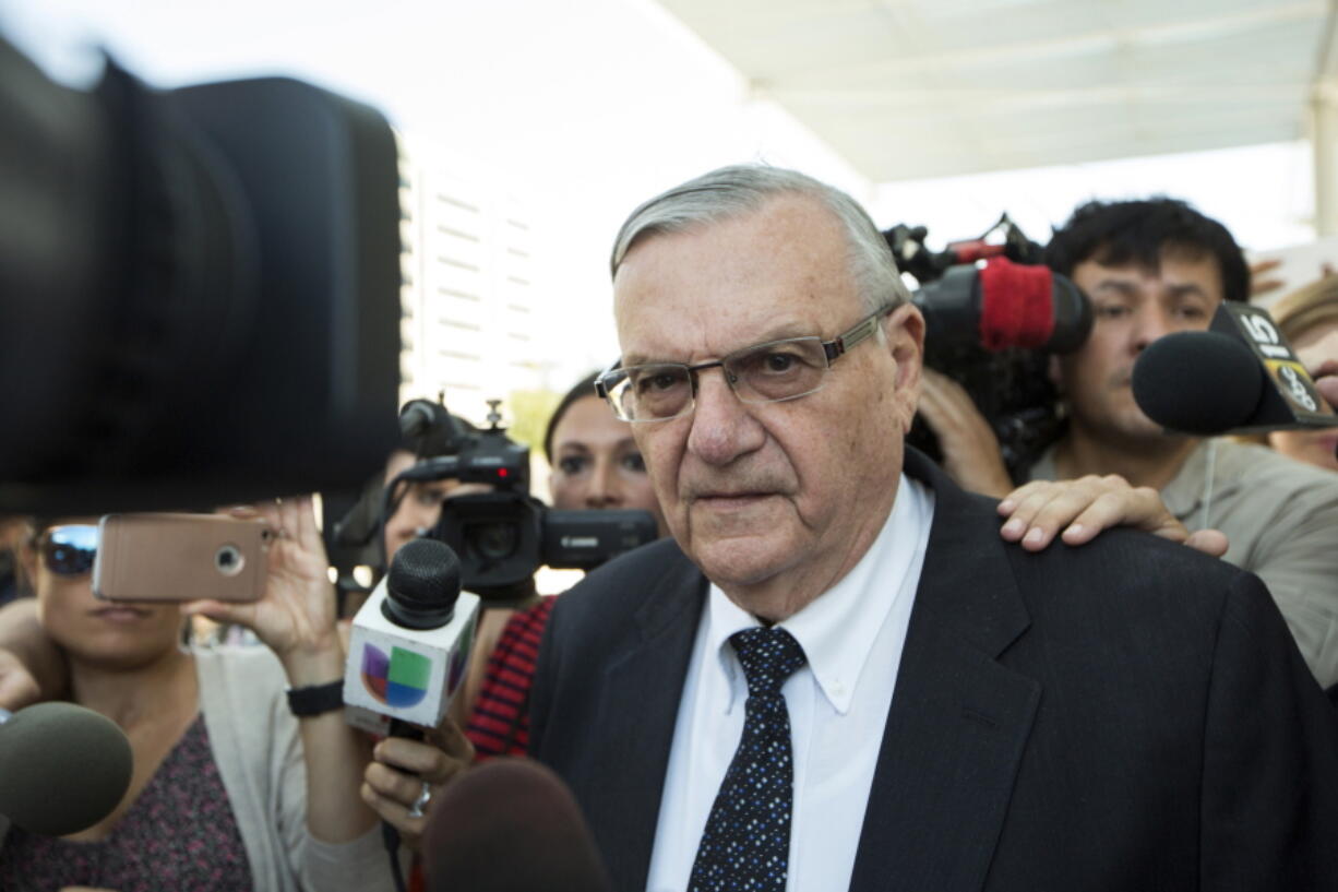 Former Sheriff Joe Arpaio leaves the federal courthouse in Phoenix, Ariz. Arpaio is running for the Arizona U.S. Senate seat being vacated by Republican Sen. Jeff Flake.