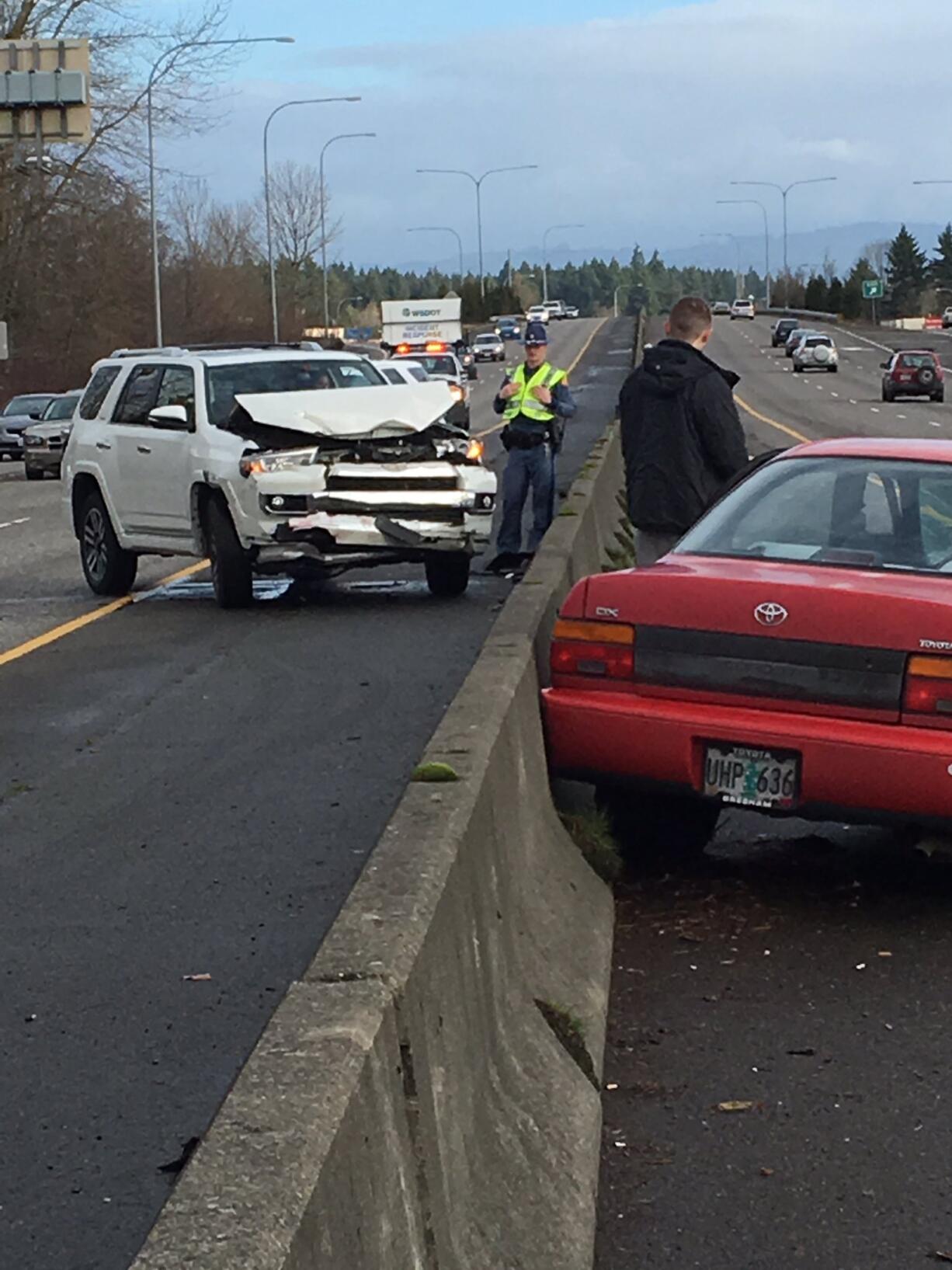 A Washington State Trooper public information officer posted this photo of a crash on state Highway 500 on Tuesday, Jan. 16. 2018, which blocked traffic in both directions.