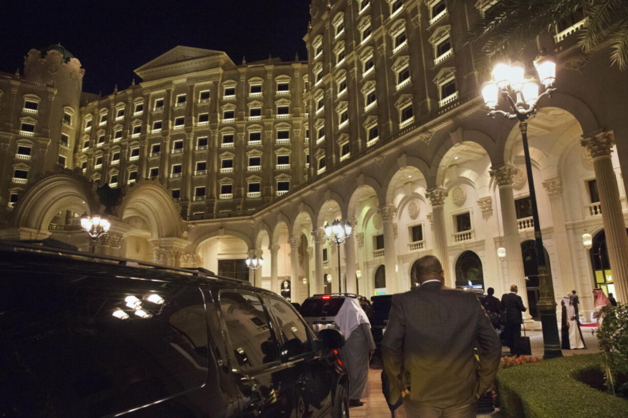 The motorcade carrying then U.S. Secretary of State John Kerry arrives at the Ritz Carlton Hotel in Riyadh, Saudi Arabia. The Ritz Carlton in Saudi Arabia’s capital may be reopening its doors in times for Valentine’s Day 2018 after serving as a prison for the country’s elite caught up in what the government has described as a crackdown on corruption. The hotel’s website on Monday, Jan 15, 2018 showed bookings available beginning from Feb. 14.