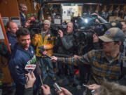 Seahawks quarterback Russell Wilson answers questions a day after the last game of the season in the Seahawks locker room as other players clean out their lockers on Monday, Jan. 1, 2018.