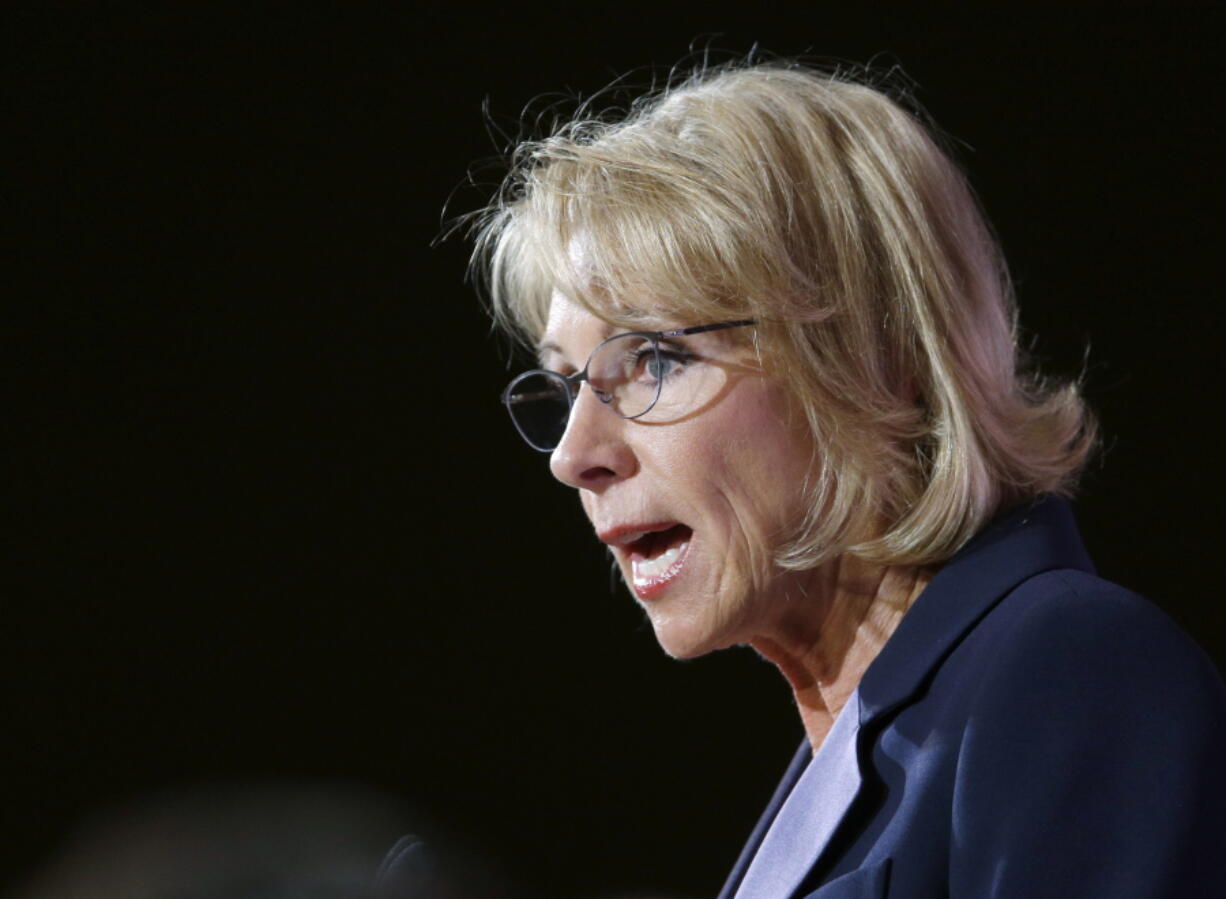 U.S. Education Secretary Betsy DeVos speaks during a dinner hosted by the Washington Policy Center in Bellevue. (AP Photo/Ted S.