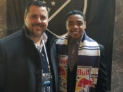 Niko De Vera (right) poses with Akron coach Jared Embick after De Vera was selected in the second round of the MLS SuperDraft by the New York Red Bulls (University of Akron photo)