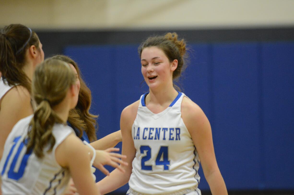 La Center's Taylor Stephens checks out of the game for the final time and walks to the bench. Stephens scored 21 points in the Wildcats' 60-21 win over White Salmon on Thursday, Jan. 11, 2017 at La Center High School.