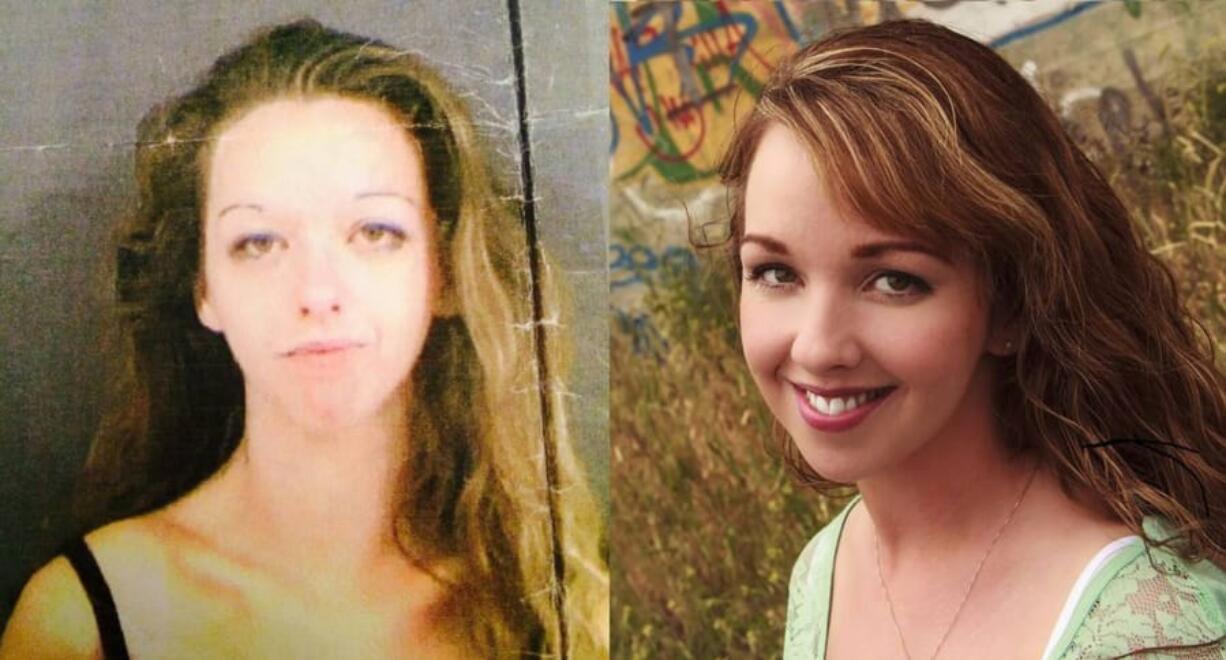 On left, Alisha Bryans’ jail photo in 2001 and Bryans today on right. She lives drug-free and serves on the Elijah Family Homes board in addition to volunteering with her church to lead Bible studies at the Benton County jail.