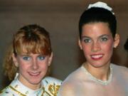 Tonya Harding, left, and Nancy Kerrigan at the U.S. figure skating championships in January 1992, a month before the Winter Olympics.