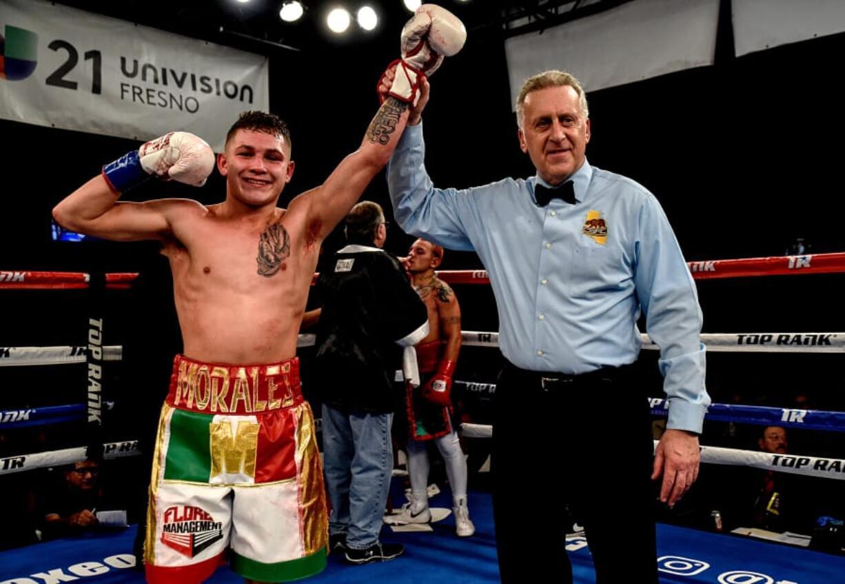 Victor Morales Jr. was victorious by technical knockout on Jan. 11 over Edgar Cantu in their featherweight bout at a Top Rank show at the Tachi Palace in Lemoore, Calif.