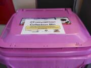 A #Every28Days donation bin is seen inside The Garage Bar and Grille in Vancouver on February 24, 2017. The business is currently collecting feminine hygiene donations for Share. Share is aiming to collect enough to provide pads and tampons to all their women for a year.