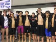 Camas swimmers post on deck after winning back-to-back 4A state boys swimming team titles on Saturday, Feb. 17, 2018 at Federal Way.