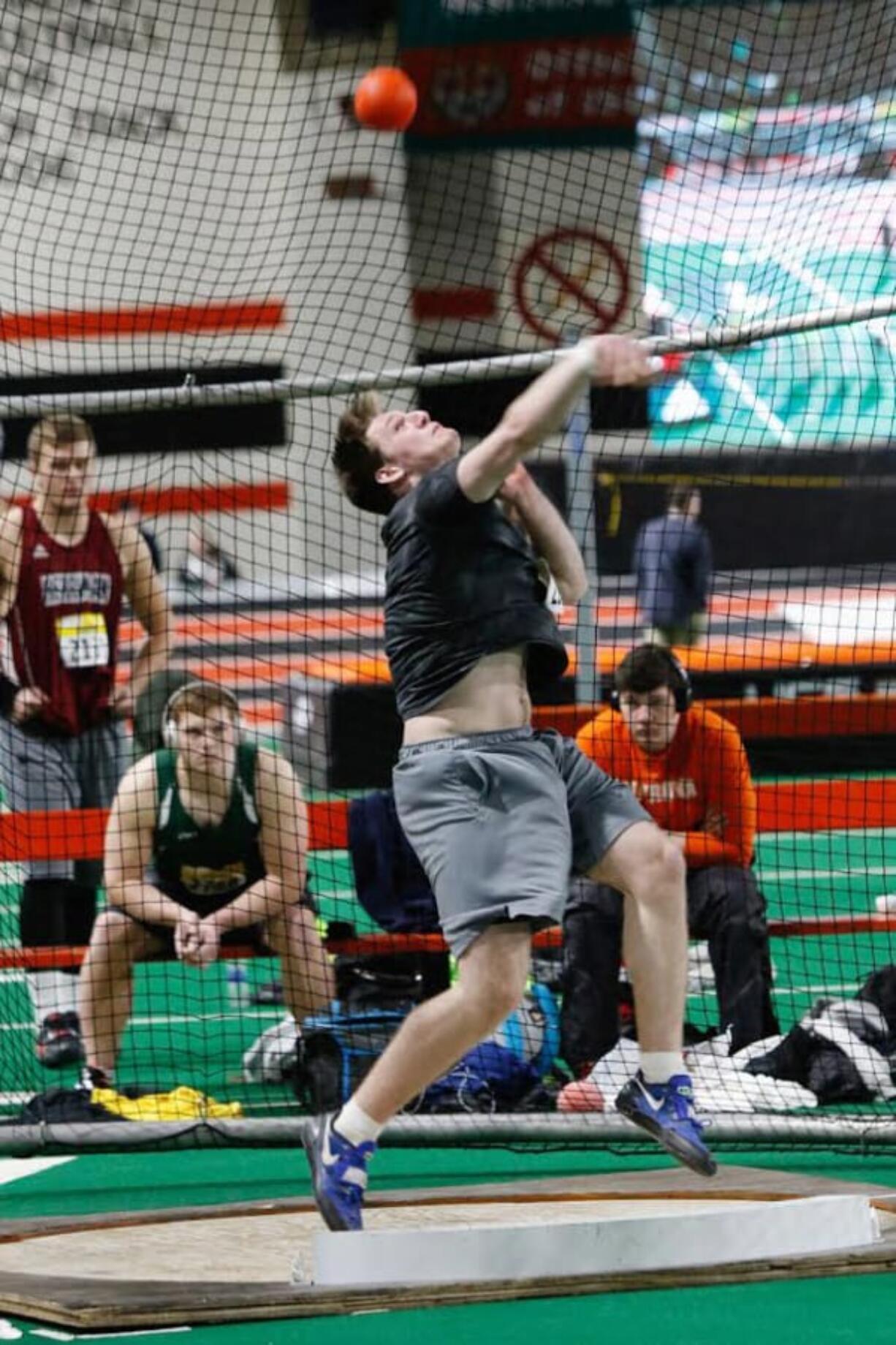 Trey Knight, a sophomore at Ridgefield High School, won the boysí shot put at the 2018 Simplot Games on Saturday, Feb. 17, 2018, at Pocatello, Idaho. His winning mark was 62 feet, 11 inches.