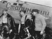 Navigator Alexander Belyakov, co-pilot Georgiy Baidukov and pilot Valery Chkalov stand by their plane on June 20, 1937, after completing a record-setting flight in Vancouver.