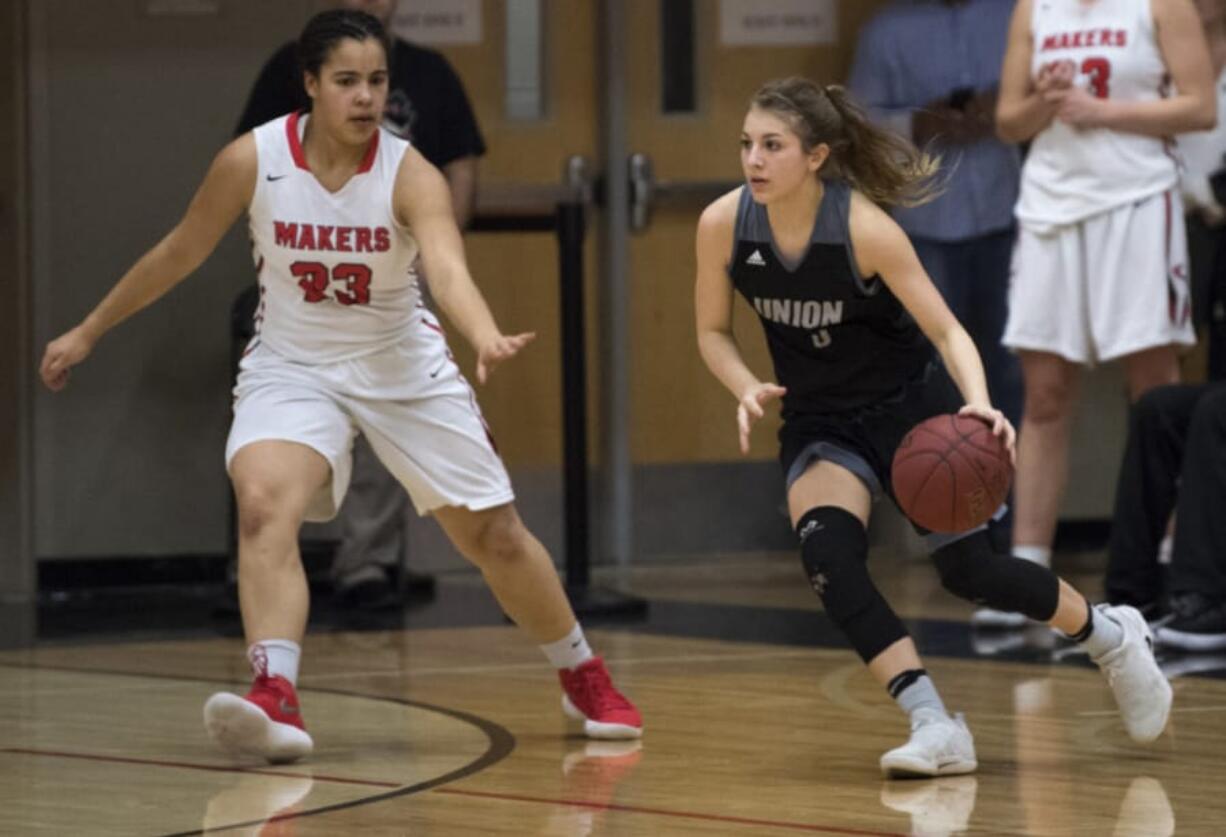 Union’s Mason Oberg (3) dribbles past Camas’ Maggie Wells (23) during Tuesday night’s game at Camas High School on Jan. 9, 2018, in Camas.