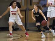 Union’s Mason Oberg (3) dribbles past Camas’ Maggie Wells (23) during Tuesday night’s game at Camas High School on Jan. 9, 2018, in Camas.