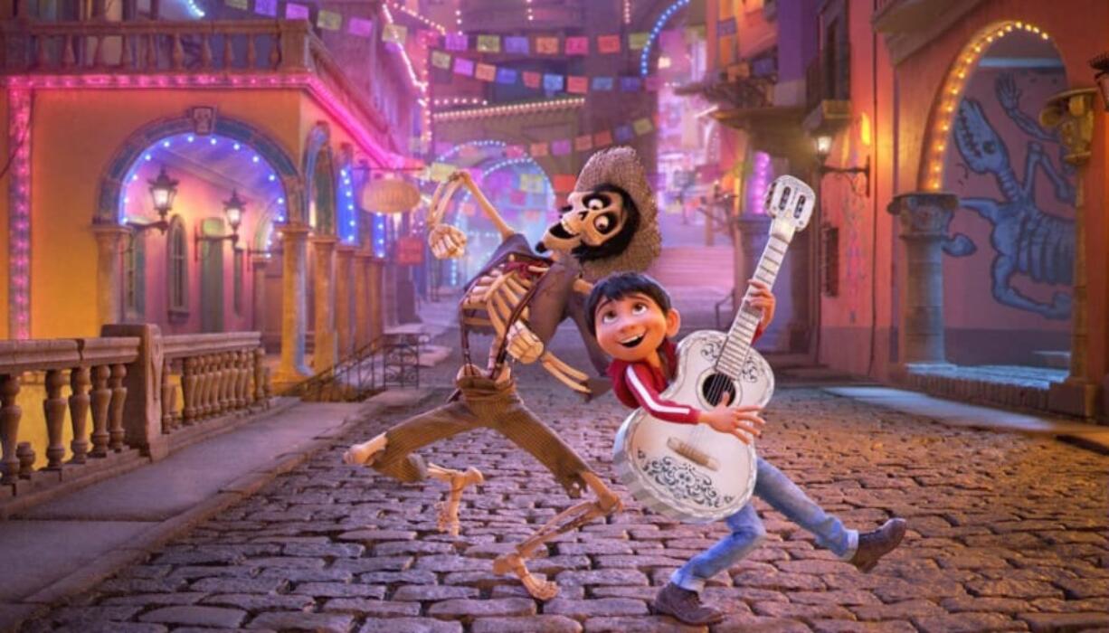 Hector (voiced by Gael Garcia Bernal), left, helps guide Miguel (Anthony Gonzalez) through the Land of the Dead, in Disney/Pixar’s “Coco.” Walt Disney Pictures-Pixar Animation Studios