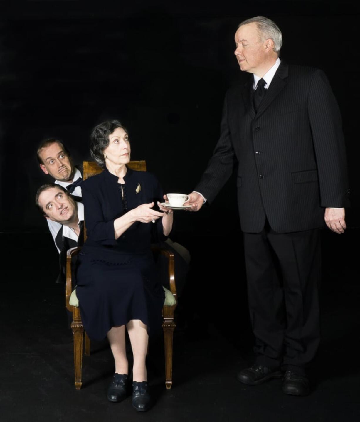 Bertie (David Roberts), left, and his friend Eustace (Casey Faubion) have got into another jam with stern Aunt Agatha (Mary Durall-Dupree). Only the graceful valet Jeeves (Phil Giesy) can save them.