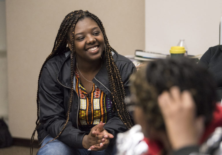 Sophomore Zaniah Mathews talks with her fellow Black Students United club members on Thursday afternoon at Evergreen High School.