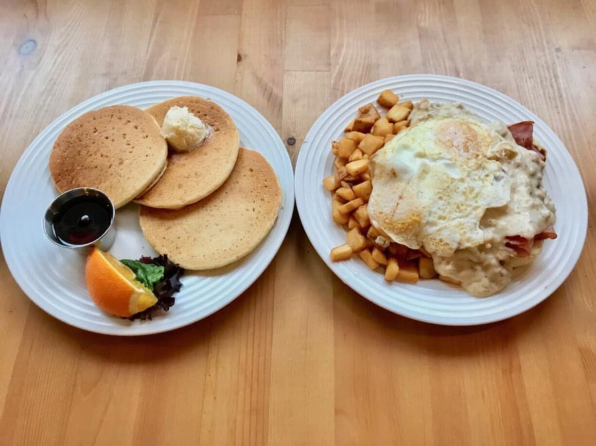 An order of pancakes and the farmer plate at Wildflour Cafe.