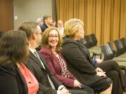 Laurie Lebowsky, center, was appointed to the Vancouver City Council on Monday night. She fills a vacancy for Position 1.