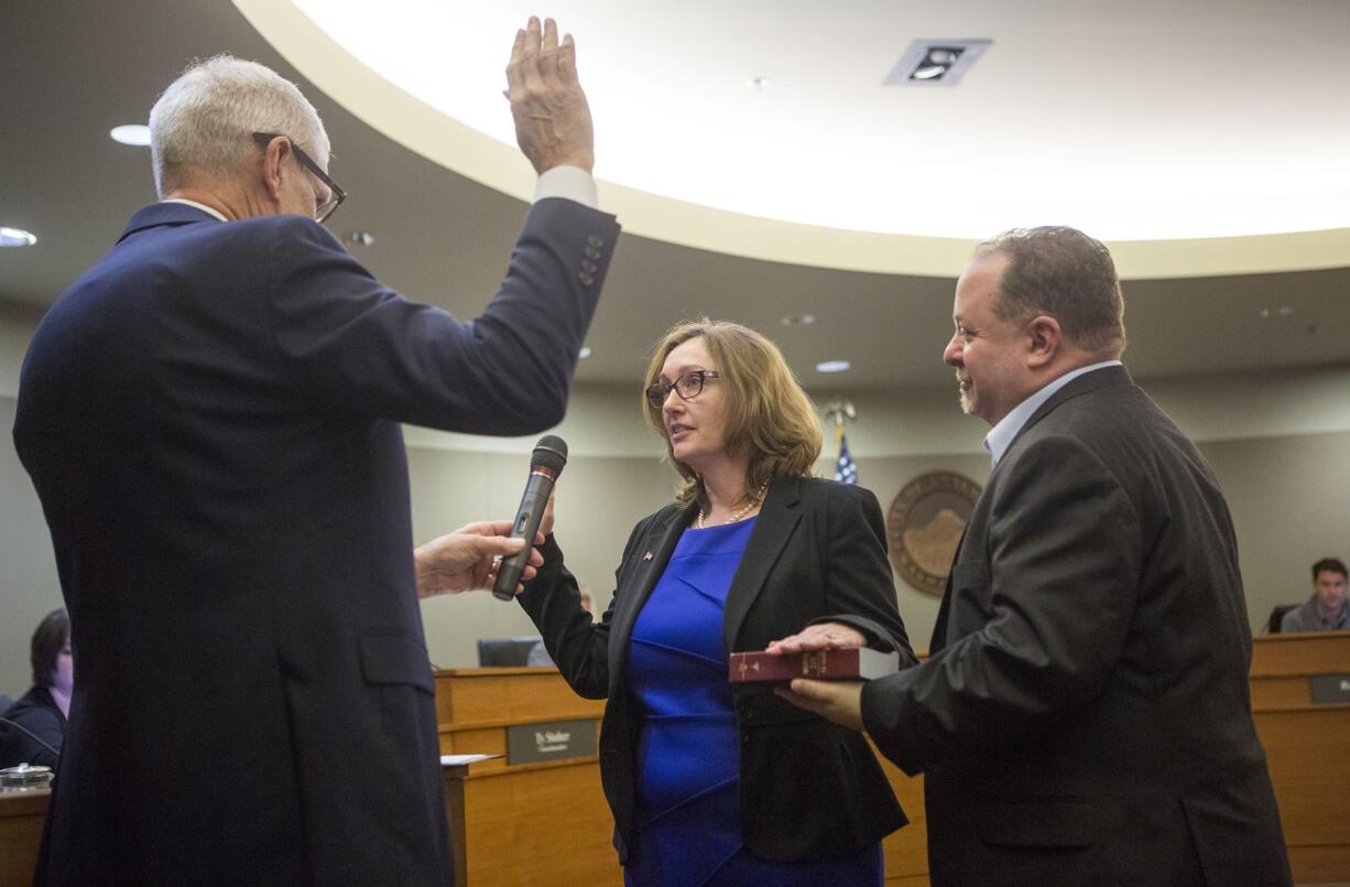 Laurie Lebowsky takes the oath of office to become the newest member of the Vancouver City Council on Monday at City Hall in Vancouver.