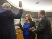 Laurie Lebowsky takes the oath of office to become the newest member of the Vancouver City Council on Monday at City Hall in Vancouver.