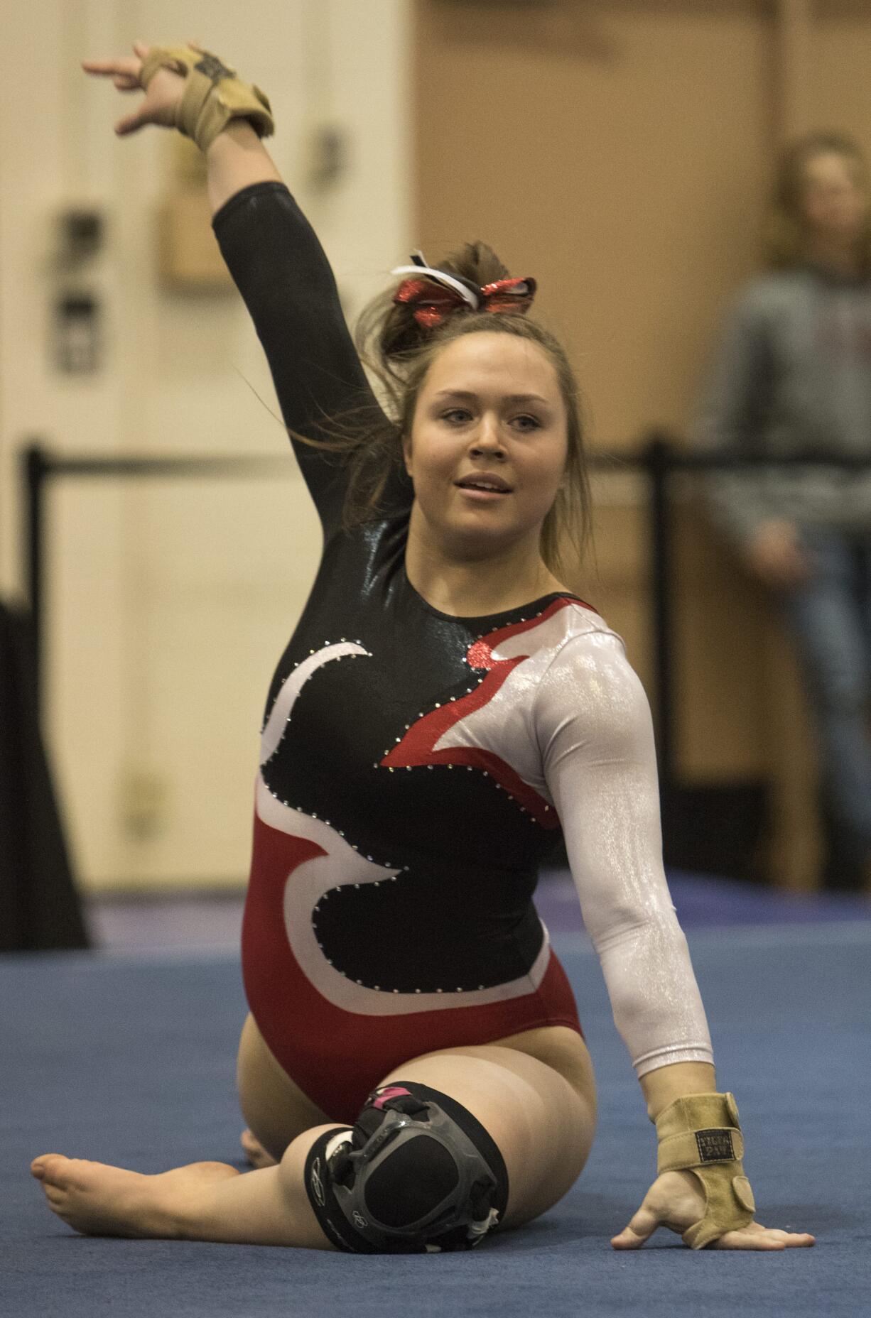 Union's Mac Ridgeway performs her floor routine during the 4A Event Finals at State Gymnastics Saturday, Feb. 17, 2018, at the Tacoma Dome in Tacoma.