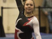 Union's Mac Ridgeway performs her floor routine during the 4A Event Finals at State Gymnastics Saturday, Feb. 17, 2018, at the Tacoma Dome in Tacoma.