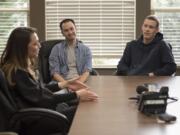 Rep. Jaime Herrera Beutler, from left, speaks with Daybreak primary counselor Trevor Jones, Daybreak resident Jacob Helms, 17, at the new Daybreak Youth Services center in Brush Prairie on Wednesday afternoon, Feb. 21, 2018. Beutler asked Helms about his time in the center and how the treatment has helped him.