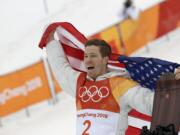 Shaun White, of the United States, reacts to winning gold during the men's halfpipe finals at Phoenix Snow Park at the 2018 Winter Olympics in Pyeongchang, South Korea, Wednesday, Feb. 14, 2018.