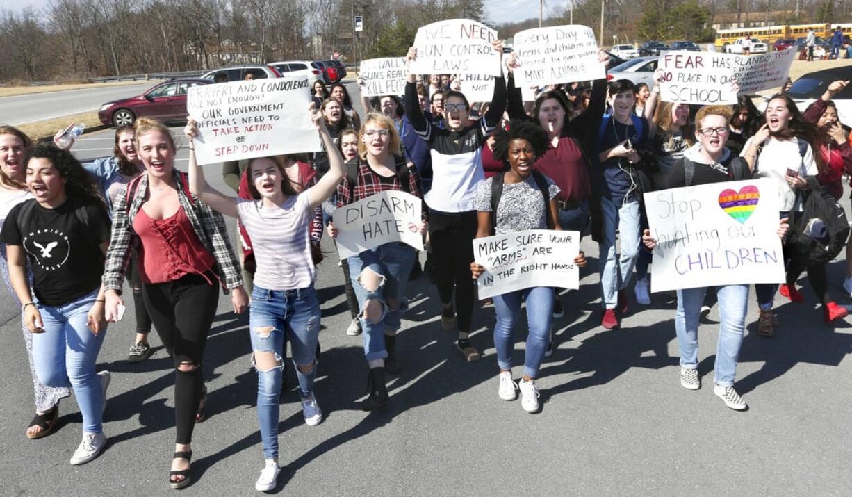 Millbrook High School students demonstrate against gun violence outside their school in Frederick County, Va., Wednesday, Feb. 21, 2018, following a school shooting in which over a dozen people were killed at Marjory Stoneman Douglas High School in Parkland, Fla., one week ago.