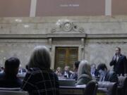 Republican Rep. Matt Shea speaks on the House floor in favor of a measure that would exempt lawmakers from the state's Public Records Act, on Friday, Feb. 23, 2018, in Olympia, Wash. The House passed the measure on a 83-14 vote.