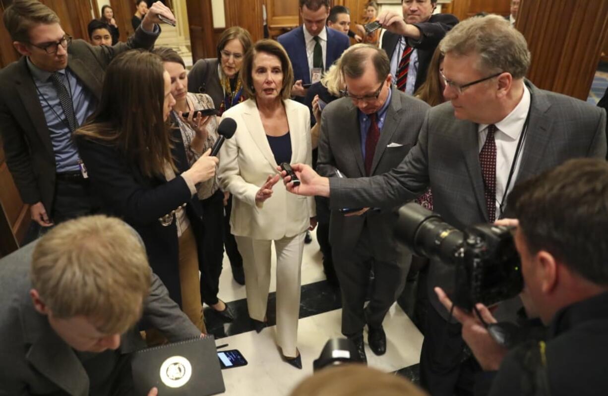 House Minority Leader Nancy Pelosi of Calif., speaks to reporters after staging a marathon, daylong filibuster, on Capitol Hill in Washington. Wednesday, Feb. 7, 2018. Pelosi was attempting to force a House vote on protections for the “Dreamer” immigrants and to prove to an increasingly angry wing of progressives and activists that she has done all she could.