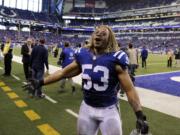 FILE - In this Nov. 20, 2016 file photo, Indianapolis Colts linebacker Edwin Jackson (53) walks off the field following an NFL football game against the Tennessee Titans in Indianapolis. Jackson, 26, was one of two men killed when a suspected drunken driver struck them as they stood outside their car along a highway in Indianapolis. The Colts said in a statement Sunday, Feb. 4, 3018, that the team is “heartbroken” by Jackson’s death. Authorities say the driver that struck them before dawn on Sunday tried to flee on foot but was quickly captured.