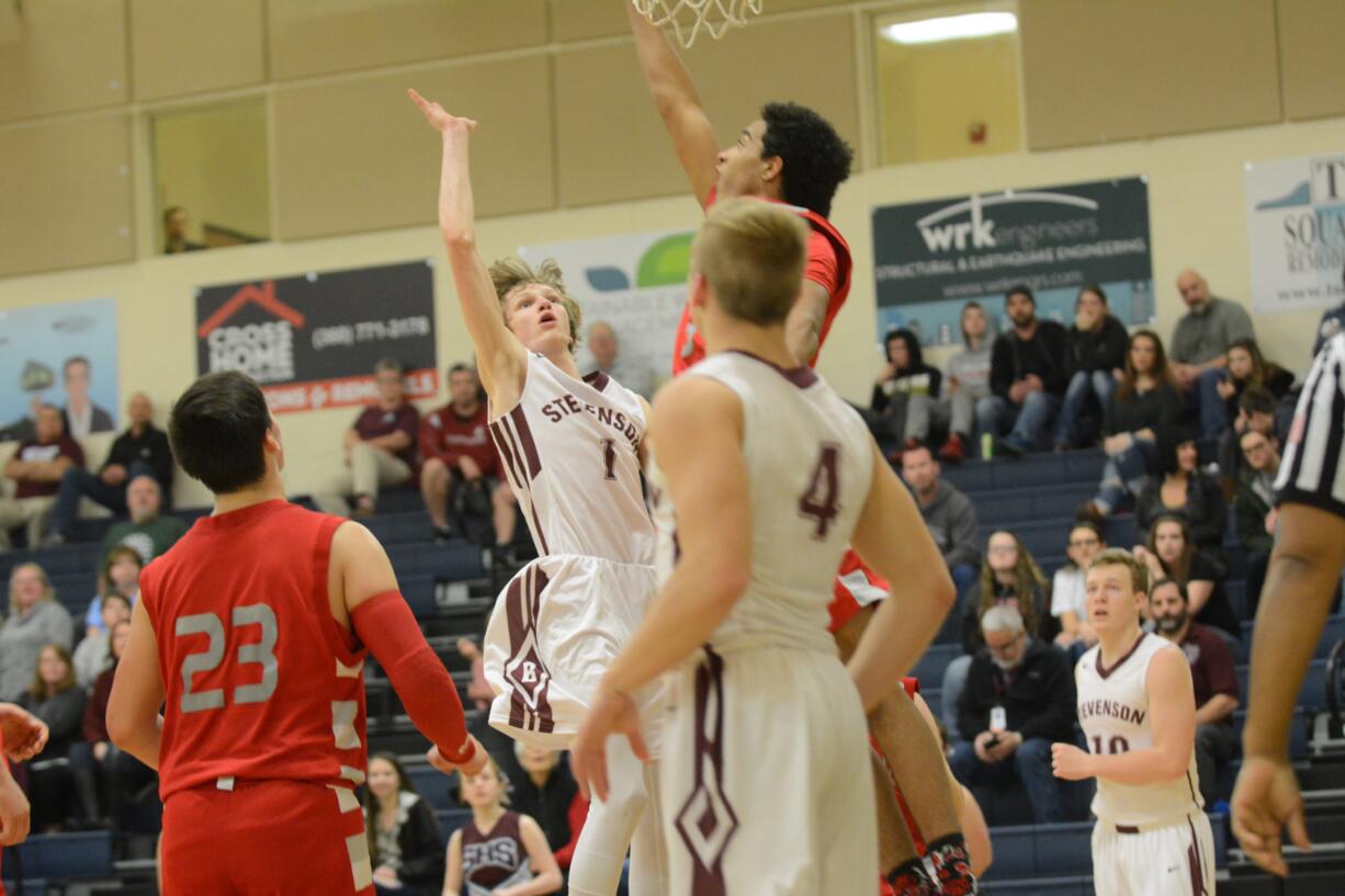 Stevenson guard attempts a floater against Hoquiam in a loser-out 1A district game on Tuesday, February 13, 2018 at King's Way Academy.