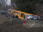 A school bus went over embankment on Fruit Valley Road with kids on board. No injuries were reported. Traffic is routed around scene.