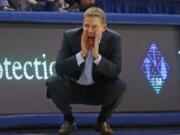 Gonzaga coach Mark Few shouts to his team during the second half of an NCAA college basketball game against BYU on Saturday, Feb. 24, 2018, in Provo, Utah. Gonzaga won 79-65.