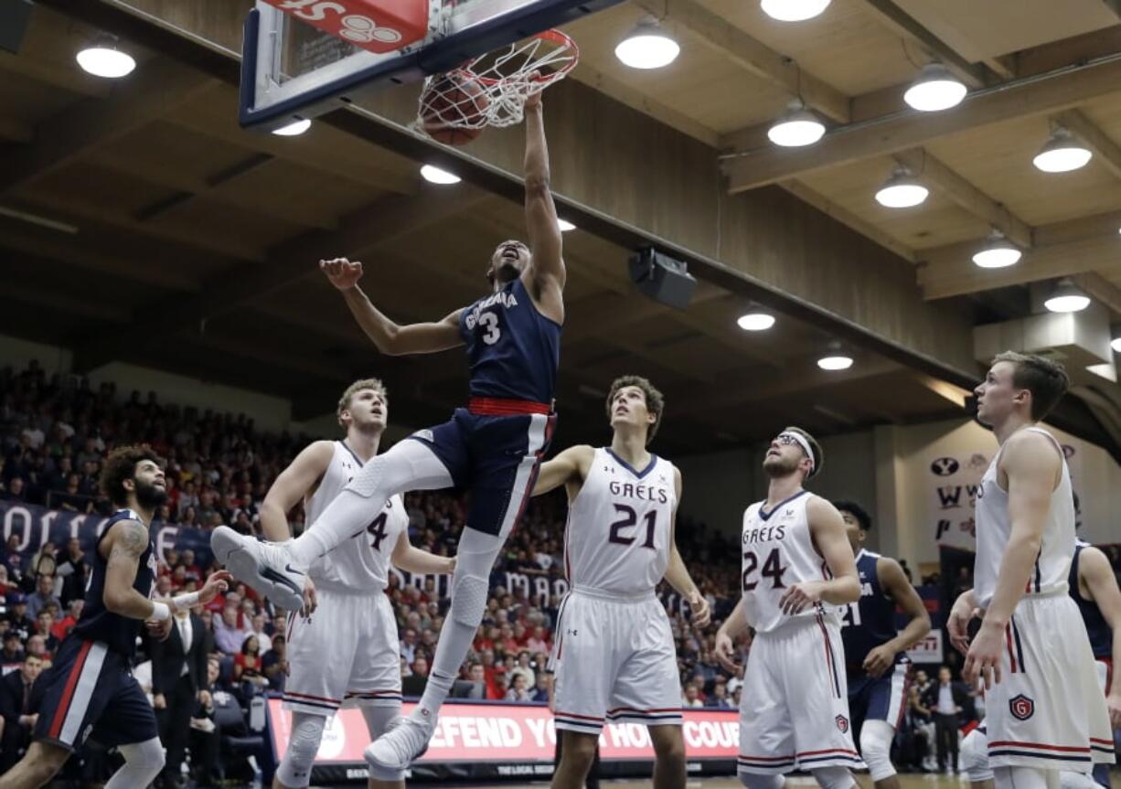 Gonzaga forward Johnathan Williams (3) dunks against Saint Mary’s during the first half of an NCAA college basketball game Saturday, Feb. 10, 2018, in Moraga, Calif.