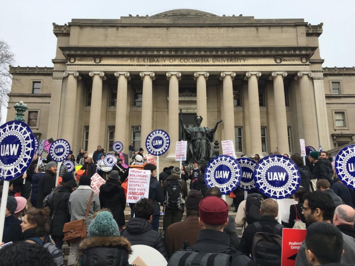 Demonstrators advocate for a union at Columbia University in New York on Thursday after the school announced earlier in the week that it won’t bargain with the students who voted overwhelmingly for union representation more than a year ago.