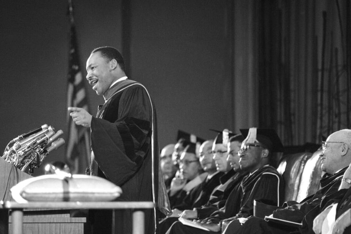 FILD - In this March 2, 1965 file photo, The Rev. Martin Luther King speaks at a Charter Day ceremony at Howard University in Washington. King discussed his civil rights movement theme, “We shall overcome.” According the federal government a historically black college or university is an accredited learning institution started before 1964 that had a primary mission of educating black people. There are about 100 of them in 2018.