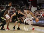 Stanford guard Dorian Pickens (11) dribbles against Oregon during the second half of an NCAA college basketball game Saturday, Feb. 3, 2018, in Stanford, Calif.